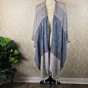 LoveStitch One Size Kimono Cream Blue Tan Vertical Stripes Fringed Hem Armholes